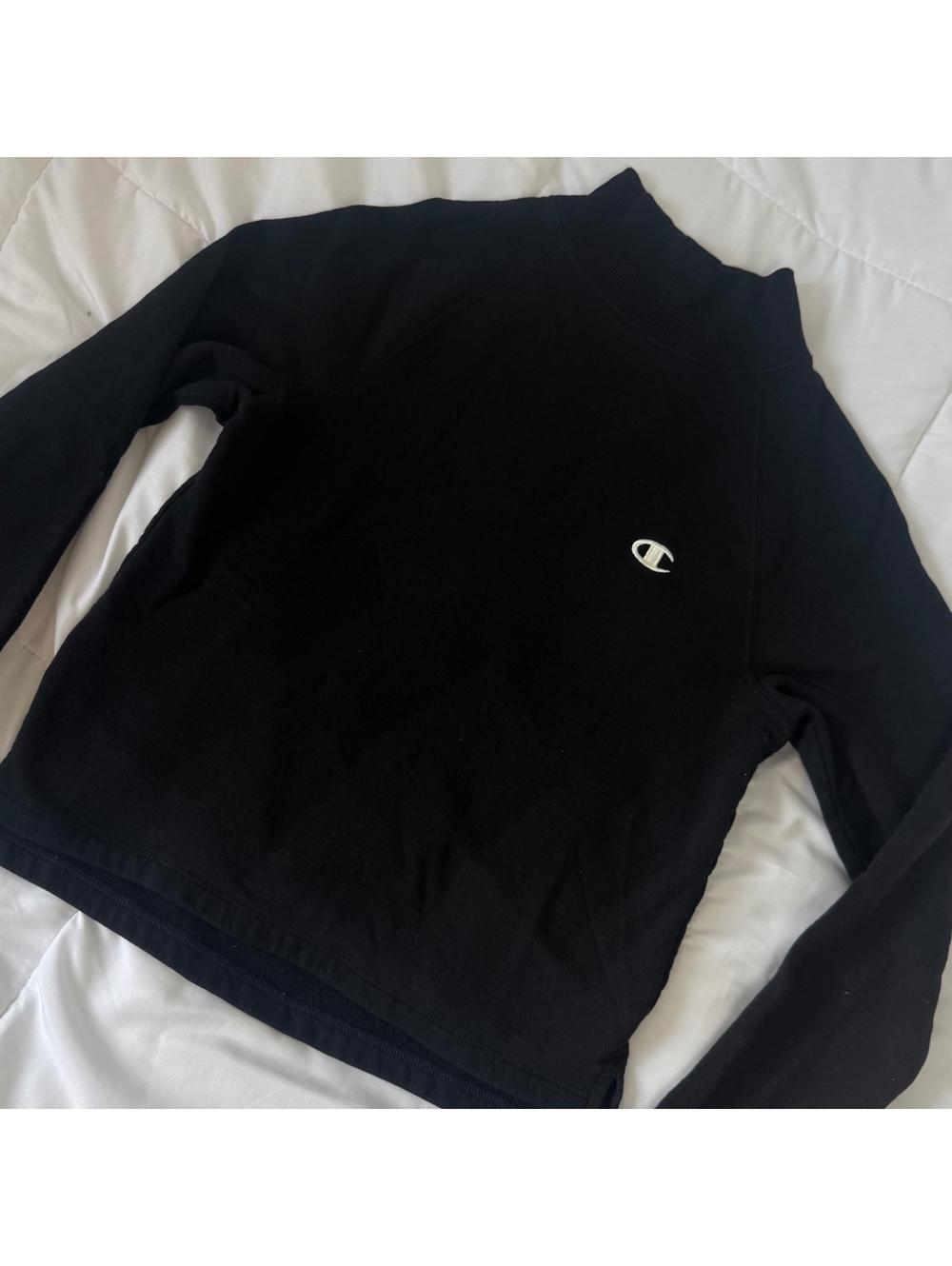 champion black & white embroidered mock neck turtle neck sweatershirt crewneck